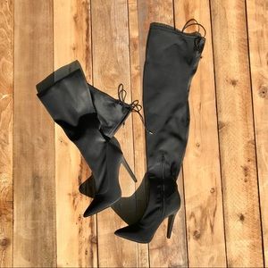 Black Velvet Thigh High Pointy Toe Heels Size 7.5